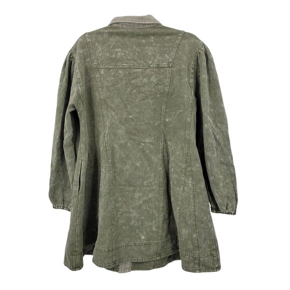 Army Green Washed Denim Button Front Mini Dress Sz S Puff Military Gorpcore - Picture 12 of 15